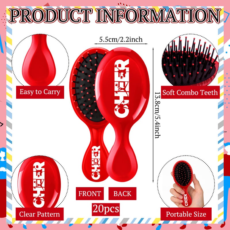 SiliFine 20 Pack Cheer Mini Hair Brushes Bulk Cheer Gifts Bulk for Team Detangling Hair Brushes Plastic with Bristles for Cheerleader Team Sport Valentine Gifts for Women(Red) - Image 3